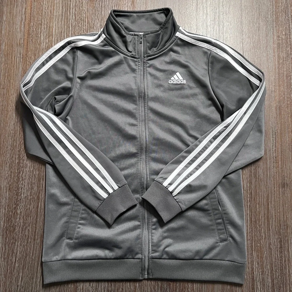 Adidas Gray Track Jacket Kids L (14/16) Three‎ Stripe Zip Front Athleisure